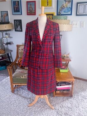 Vintage 1960s Suit Set | Jacket | Skirt | Red Plaid | L | Pendleton | 60s